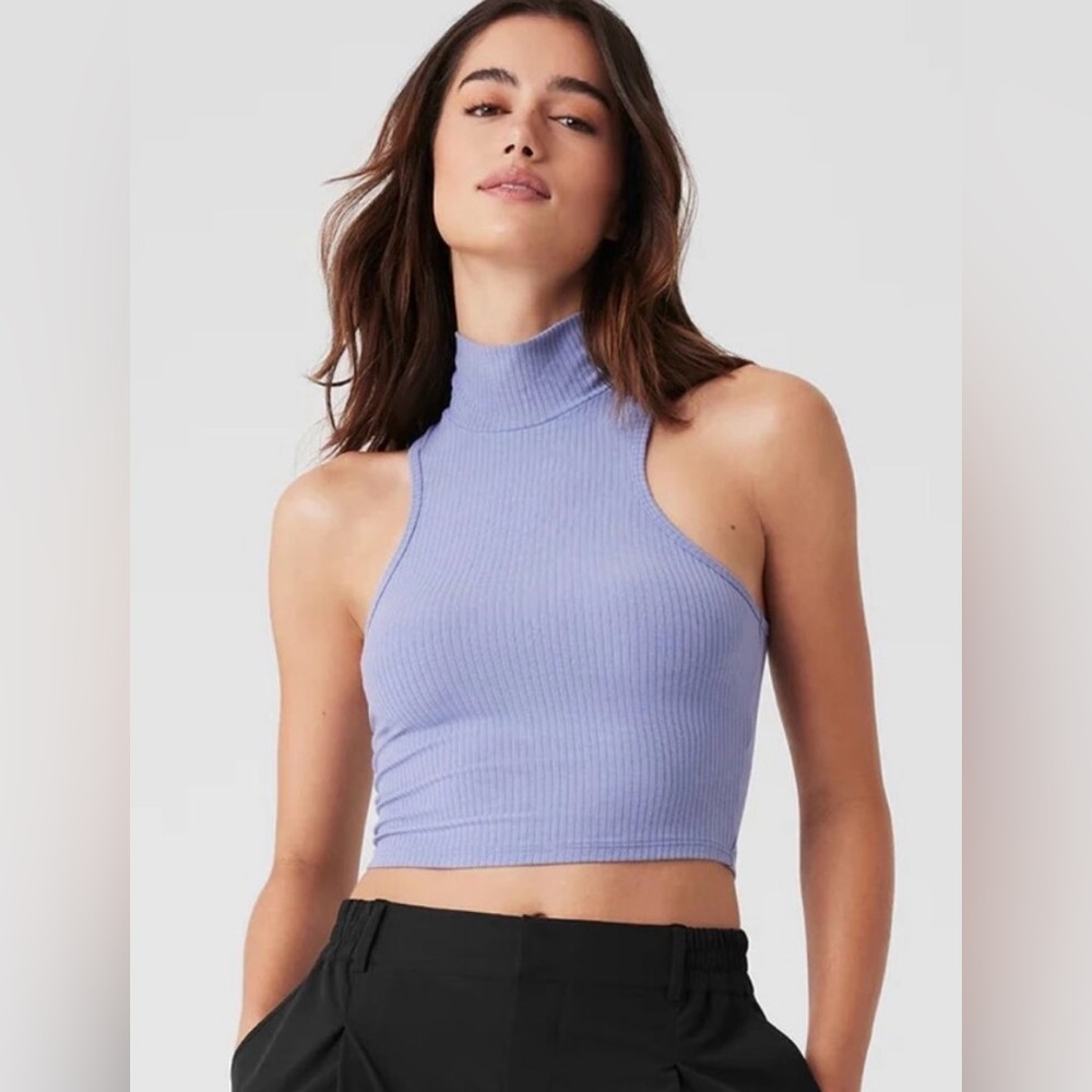 Alo NWOT Ribbed Sea Coast Cropped Turtleneck Tank Top Sleeveless Lilac Size L